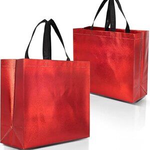 Red Gift Bags Large Size – Set of 12 Shiny Red Reusable Gift Bags With Handles